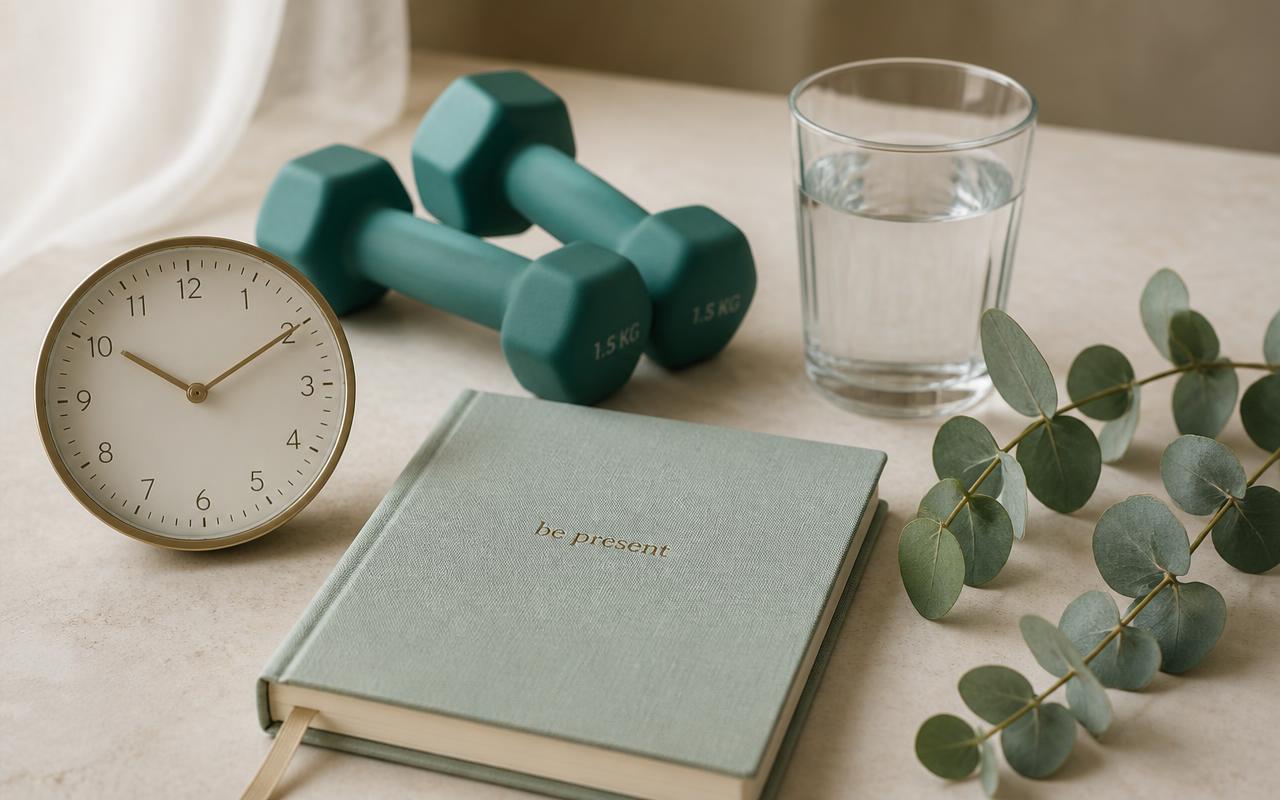 Still life with a clock, teal dumbbells, closed linen journal and a glass of water